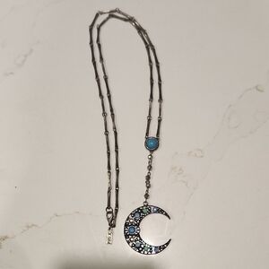 Silver Moon Pendant long Necklace with‎ turquoise details
